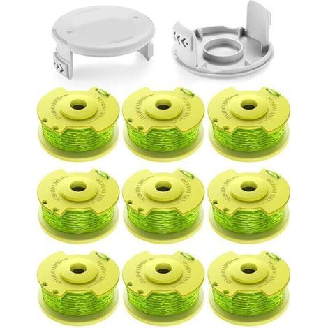 11 Spulen 2,0-mm-Trimmerfaden für Ryobi One+ 18V/24V/40V Rasentrimmer. Länge 3,4 m, kompatibel mit AC14RL3A. Enthält 9 Spulen und 2 Schutzhüllen. (1/5)