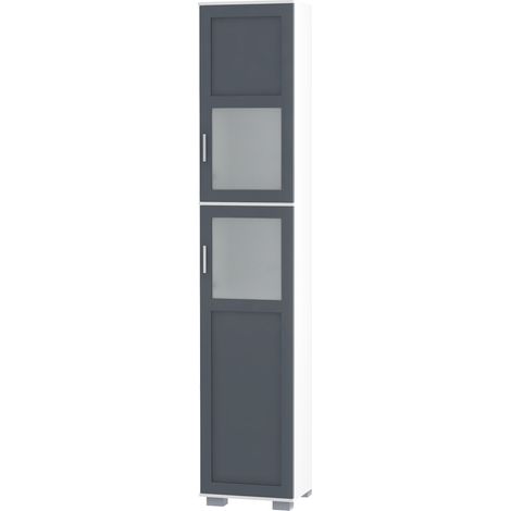 Armoire haute de salle de bain 2 portes verre trempé étagères réglables 37x35x190 cm Blanc Gris (1/5)