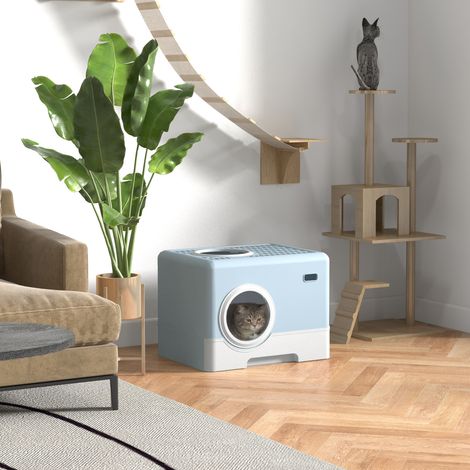 Lettiera per gatti coperta con paletta, vassoio rimovibile, ingresso frontale e uscita superiore, 52x41x38,5 cm, blu