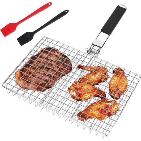 Panier Grille Barbecue - 1 Unité - Acier Inoxydable - Pliable 180° - Camping Jardin - 32x22cm (1/5)