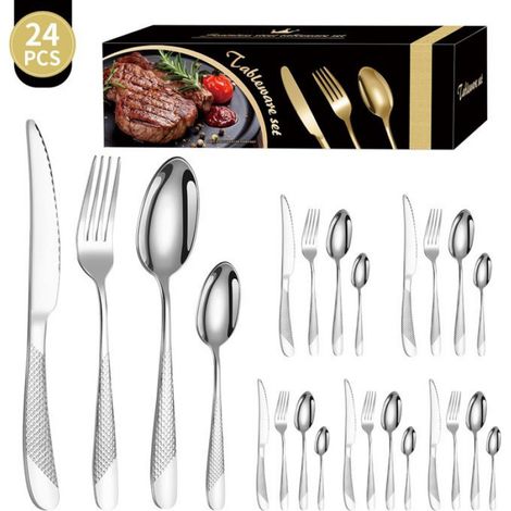 Coffret cadeau de couverts 24 pièces en acier inoxydable (couteau, fourchette, cuillère), cuisine occidentale - argent (1/2)