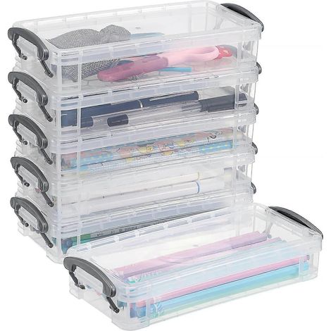 Lot de 6 boîtes à crayons transparentes empilables - organisateur de rangement pour fournitures de bureau, pinceaux, feutres et outils de dessin (1/5)