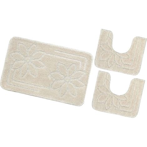Tapis de Bain Lot de 3 Pièces Moderne Doux Antidérapant Tapis de Douche Lavable Absorbant Fleurs - Beige
