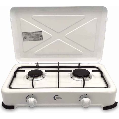 Facilitys – Réchaud à gaz 2 feux en acier émaillé – Brûleurs réglables 1200W/1400W – Pour camping et activités en extérieur – Sortie gaz propane/butane (1/5)