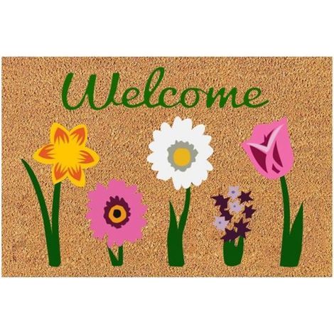 Paillasson de Bienvenue en Fibre de Coco Florale pour Intérieur et Extérieur, Tapis D\'Extérieur pour Entrée, Extérieur, Cour, (1/4)
