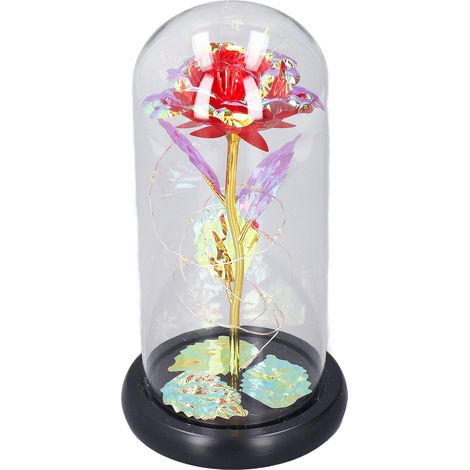 Décoration florale en verre pour la Saint-Valentin, avec lumières LED colorées, roses dorées et feuille d'or, en mosaïque or et rouge, pour votre amoureuse. (1/5)