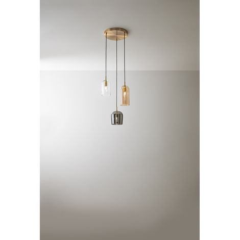 Suspension 3 Lumières, Structure Or Brossé, Verre Multicolore Ambre Transparent Fumé Et Câbles En Tissu Noir, 3Xe14 40W - Perenz Éclairage Design (1/2)