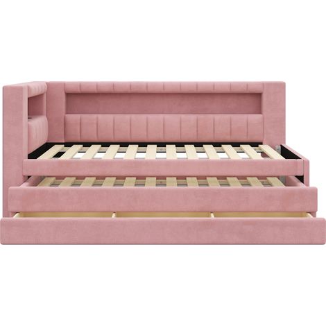 Cama de día tapizada 90x200 rosa con USB, LED, cama nido y 3 cajones (1/5)