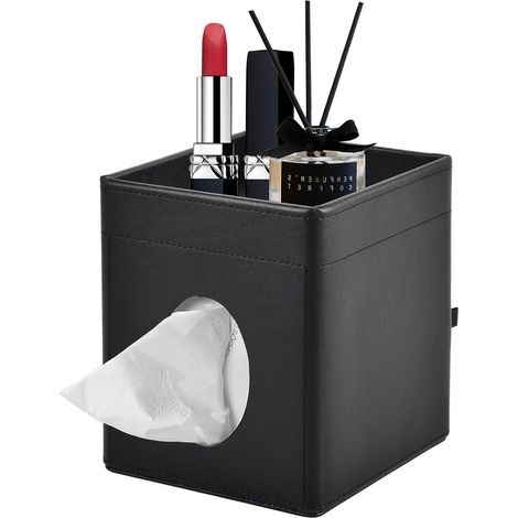 Caja cuadrada de piel para pañuelos con bandeja de almacenamiento y cierre magnético – negra, para oficina, hogar, coche