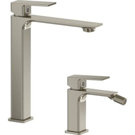 Coppia miscelatori lavabo alto slim bidet senza scarico nickel spazzolato Ingrid (1/4)