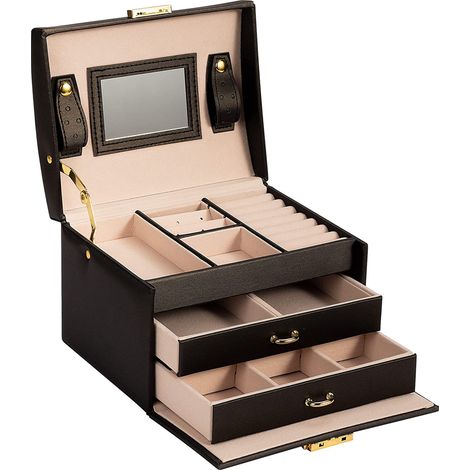 1 boîte à bijoux, 3 niveaux, velours noir, 8 roulettes pour bagues, 12 compartiments, 4 compartiments étroits, 2 tiroirs, serrure avec clé (1/5)