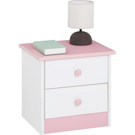 Idimex – Table de chevet en pin massif – 2 tiroirs sur rails plastiques – Dimensions 41x43x35 cm – Couleur blanc/rose – Montage facile (1/5)