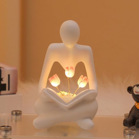 Lampe De Nuit Statue Femme Lisant - Sculpture En Résine Avec Tulipes Illuminées - Décoration Intérieure Bureau Étagère Maison - 12 X 8 Cm - 1 Pièce (1/5)