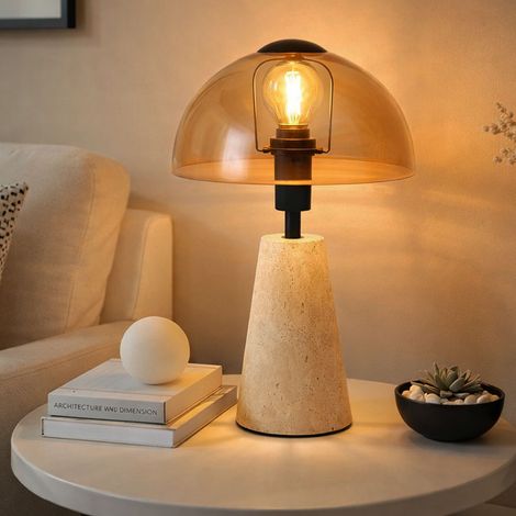 Tischleuchte Travertine Stein Pilzform Nachttischlampe Glas amber Beistelllleuchte grau, Metall, 1x E14 Fassung, DxH 20x31 cm