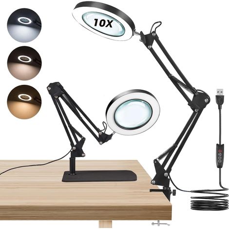 Lampe Loupe 10X avec 72 LED en 3 Couleurs et 10 Luminosités, 2 en 1 Lampe Loupe Intensité avec Socle et Support, Bureau Loupe Eclairante sur Pied pour Lire Travaux manuels, Loisirs de Couture (Noir) (1/5)