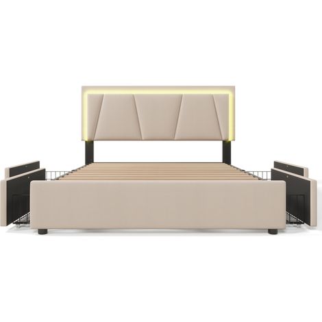 Letto contenitore imbottito 140x200 cm con LED, 4 cassetti, testiera regolabile, beige, HOMVRA (1/5)