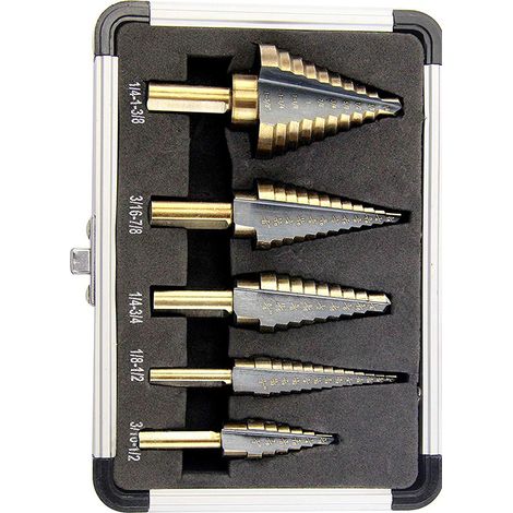 Coffret de 5 forets étagés professionnels en acier rapide à 2 cannelures, avec poinçon central, dans une boîte en aluminium. (1/5)