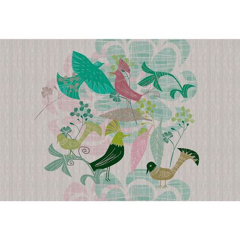 Papier peint panoramique chambre enfant avec oiseaux Tapisserie panoramique grise & verte oiseaux pour salon Papier peint panoramique idéal cuisine (1/2)
