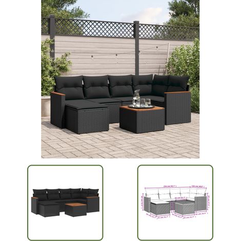 The Living Store 7-tlg. Garten-Sofagarnitur mit Kissen Schwarz Poly Rattan - Gartenmöbel Set - Gartensorte - Outdoor Möbel - Lounge Sofa - Esstisch (1/3)