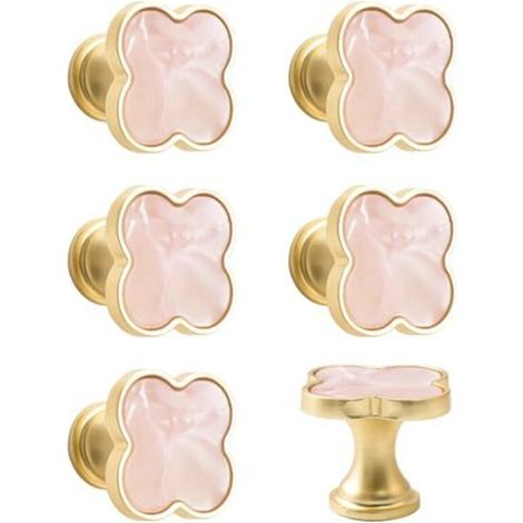 6 Stück vierblättrige Kleeblattgriffe, kreative Schubladengriffe, multifunktionale Zinklegierungsknöpfe mit einem Loch/goldener Sockel mit rosa Oberfläche
