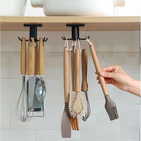 2 ganci da cucina da fissare sotto il mobile, girevoli a 360°, non necessitano di foratura e autoadesivi, supporto per utensili/strofinacci/coltelli (nero) (1/4)