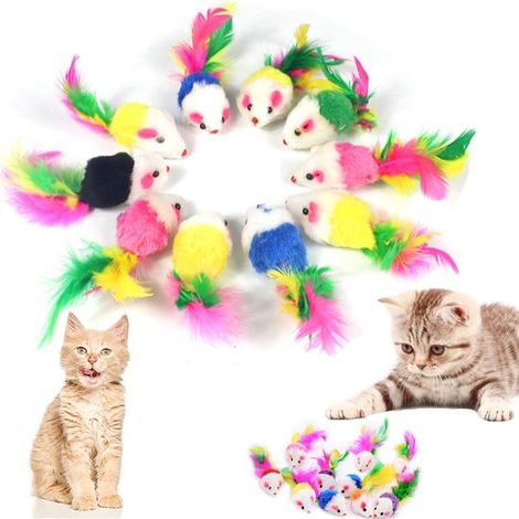Lot de 10 souris en peluche avec plumes pour chats et chatons, petits jouets interactifs, coloris aléatoires (1/5)
