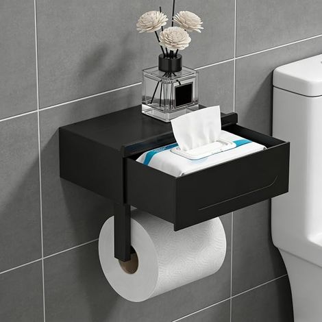 Porte Papier Toilette Mural, Support Papier Toilette Mural, Porte Rouleau Papier Toilette avec Boîte à Mouchoirs, 2 Méthodes d'Installation, pour Cuisine et Salle de Bain, Noir (1/5)
