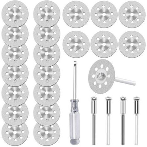 Lot de 20 Disques de Coupe Diamantés (22 mm) pour Outil Rotatif Dremel, Mini Disques à Tronçonner Revêtus de Diamant, Avec 4 Mandrins de 3 mm et Tournevis, pour Verre, Pierre, Carrelage (1/5)