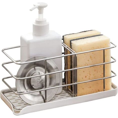 YMYNY Organisateur d'évier, organisateur de cuisine, porte-éponge avec bac de drainage, organisateur d'évier de cuisine en acier inoxydable