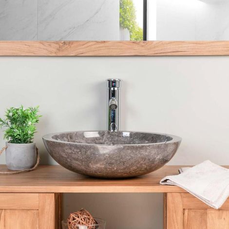 Wanda Collection – Vasque à poser ronde en marbre gris 45 cm – Hauteur 12 cm – Lavabo poli artisanal – Design unique pour salle de bain