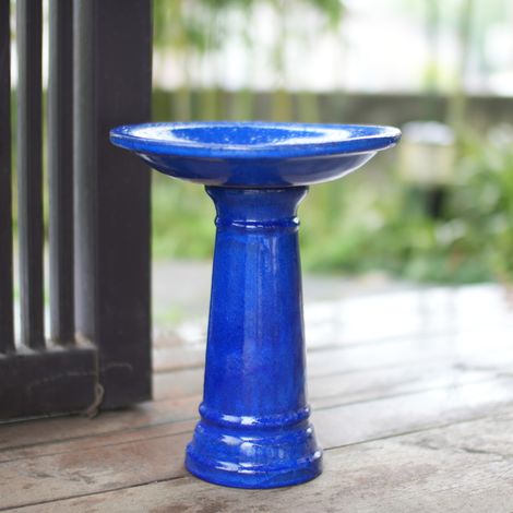 Bagno per uccelli in ceramica Ø 31,5 cm, altezza 38 cm, blu reale smaltato OKWISH (1/5)