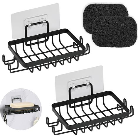 2 Pièces INOX Porte Savon Douche sans Perçage, Auto-Adhésif Porte Savon Mural avec Crochets et Économiseur de Savon, Support Savon Mural pour Salle de Bain et Cuisine (Noir) (1/5)