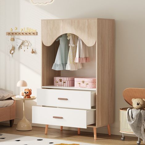 Armoire enfant 80 x 46 x 141,5 cm, meuble de rangement avec penderie, tiroirs et zone ouverte – poignées en bois massif, idéale pour chambre d'enfant