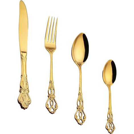 Set de Couverts en Acier Inoxydable Doré Finition Miroir, Fourchette à Dessert et Couteau à Steak, Portable, Maison Restaurant (1/5)