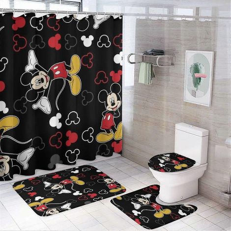 Ensemble de salle de bain Mickey Mouse 4 pièces comprenant rideau de douche, tapis antidérapants, couvre-toilettes et tapis en forme de U, 12 crochets, 183 x 183 cm (1/5)