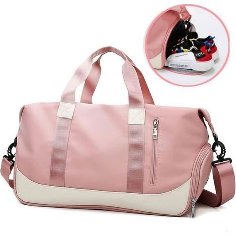 Sac de Sport Grande Capacité avec Compartiment Chaussure Poche Humide et Manchon pour Chariot - Rose (1/4)
