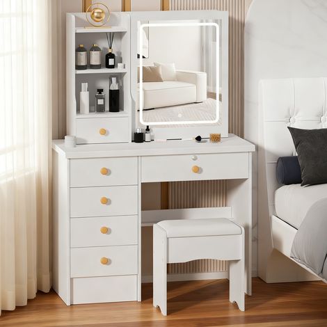 coiffeuse est livrée avec un tabouret, un miroir coulissant et réglable avec éclairage LED, 6 tiroirs et 3 étagères, mesurant 80×36×123cm. (1/5)
