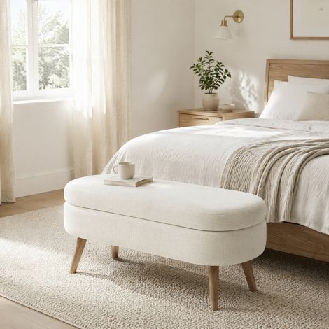 Banc de rangement 110 cm en chenille beige OKMYHOME