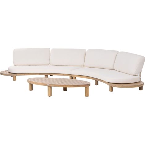Outdoor Sofa with Coffee Table Acacia Wood with Off-White Cushions 4 Seater Oval Shape Wooden Tabletop Modern Style Garden Patio Terrace NUMANA