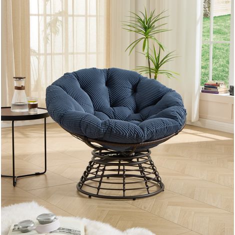 Poltrona Papasan girevole a 360° con cuscino spesso, acciaio e rattan PE, blu navy DESVIAE (1/5)