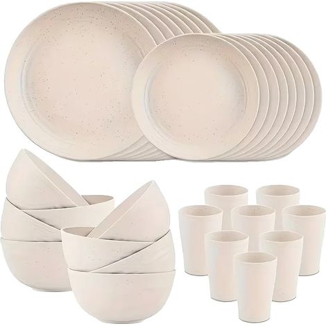 Juego de vajilla de plástico, platos llanos, cuencos, 32 piezas - blanco (1/2)