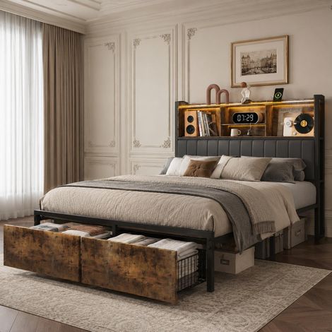 Cama doble 160x200 cm con 2 cajones de almacenaje, cabecero tapizado en PU con LED RGB y puertos USB, estructura de metal y madera, marrón rústico y negro (1/5)