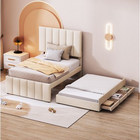 Cama nido 90x200 cm beige tapizada, 3 cajones y cabecero regulable (1/5)
