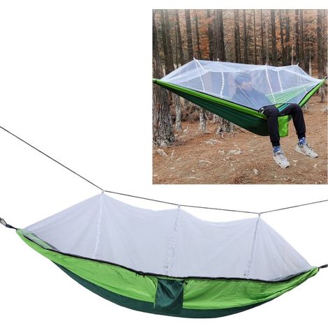 Hamaca para exteriores, capacidad de carga de 300 kg, hamaca portátil y ligera con red para acampar o hacer picnics en el jardín, color verde oscuro con detalles de frutas verdes (red blanca). (1/5)