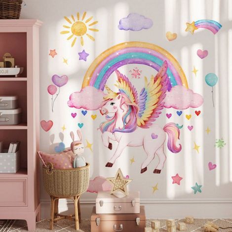 Autocollants Muraux Licorne - - Sticker Muraux Licorne avec Nuages étoiles pour Chambre de Fille Décoration de Crèche (1/5)