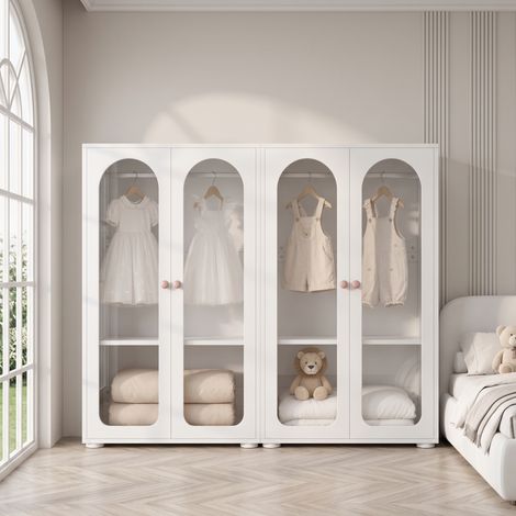 Ensemble armoire double porte pour enfant, armoire de chambre, étagères réglables, poignées en céramique rose, façades en acrylique, laquées blanches et MDF, 2 pièces, 160 x 50 x 120 cm (1/5)