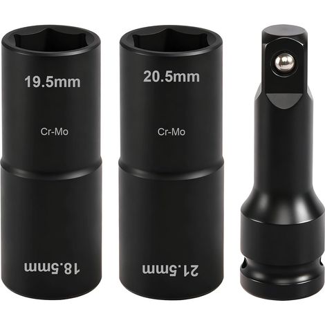 Doppelkopf Schlagschrauber Nuss Set, 3 Stück Schlagnuss 18,5 19,5 20,5 21,5 mm mit 1/2" Kraft-Verlängerung, CV-Stahl Doppelkopf Schlagnuss für Schlagschrauber Nüsse Werkzeug 1/2" (1/5)