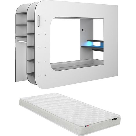 Lit mezzanine gamer 90 x 200 cm - Avec bureau et rangements - Avec LEDs – Blanc et anthracite + Matelas - WARRIOR
