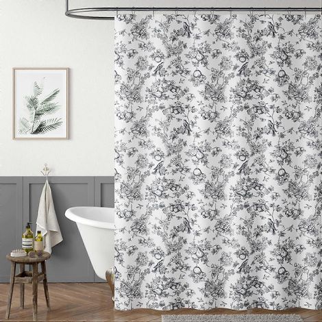 Rideau de douche vintage à motif floral, imperméable, en tissu, avec 12 crochets (Eden Noir 180x180 cm). (1/5)