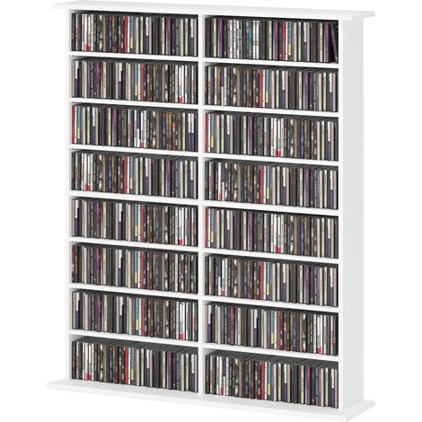 Meuble rangement CD/DVD 16 compartiments 12 étagères réglables 720 CD/396 DVD blanc